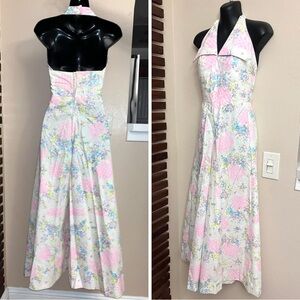 1970s Vintage White Pink Purple Blue Flower Halter Dagger Collar Wide Leg Romper